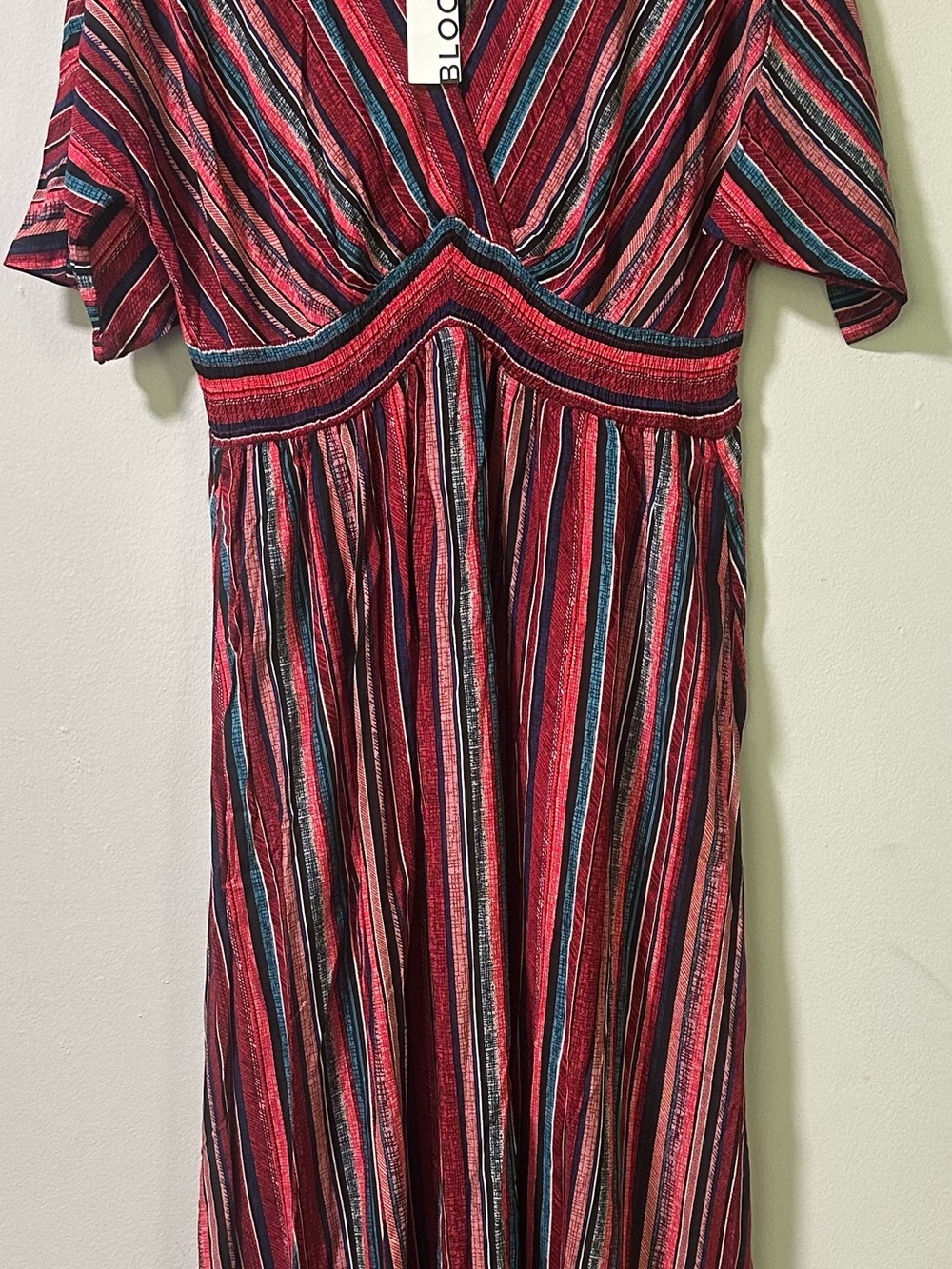BloomChic Red Striped V-Neck Maxi Dress with Blue and Cream Accents